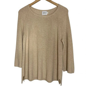 EDINBURGH KNITWEAR | Pima Cotton Fluted Shaker Knit Crew Sweater | Camel Top | L
